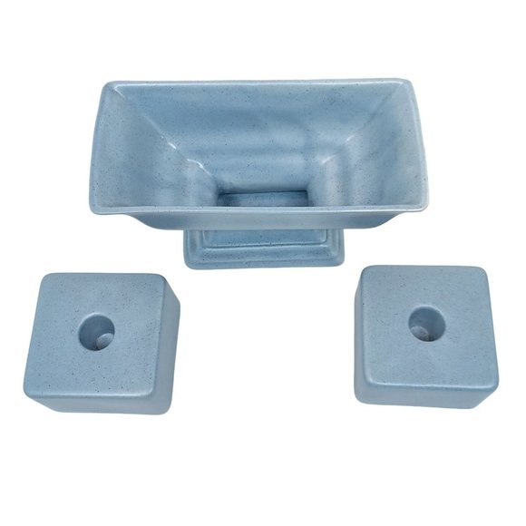 3pc Royal Haeger RG78 Light Blue Centerpiece Planter & Candleholders USA pottery - Picture 3 of 7